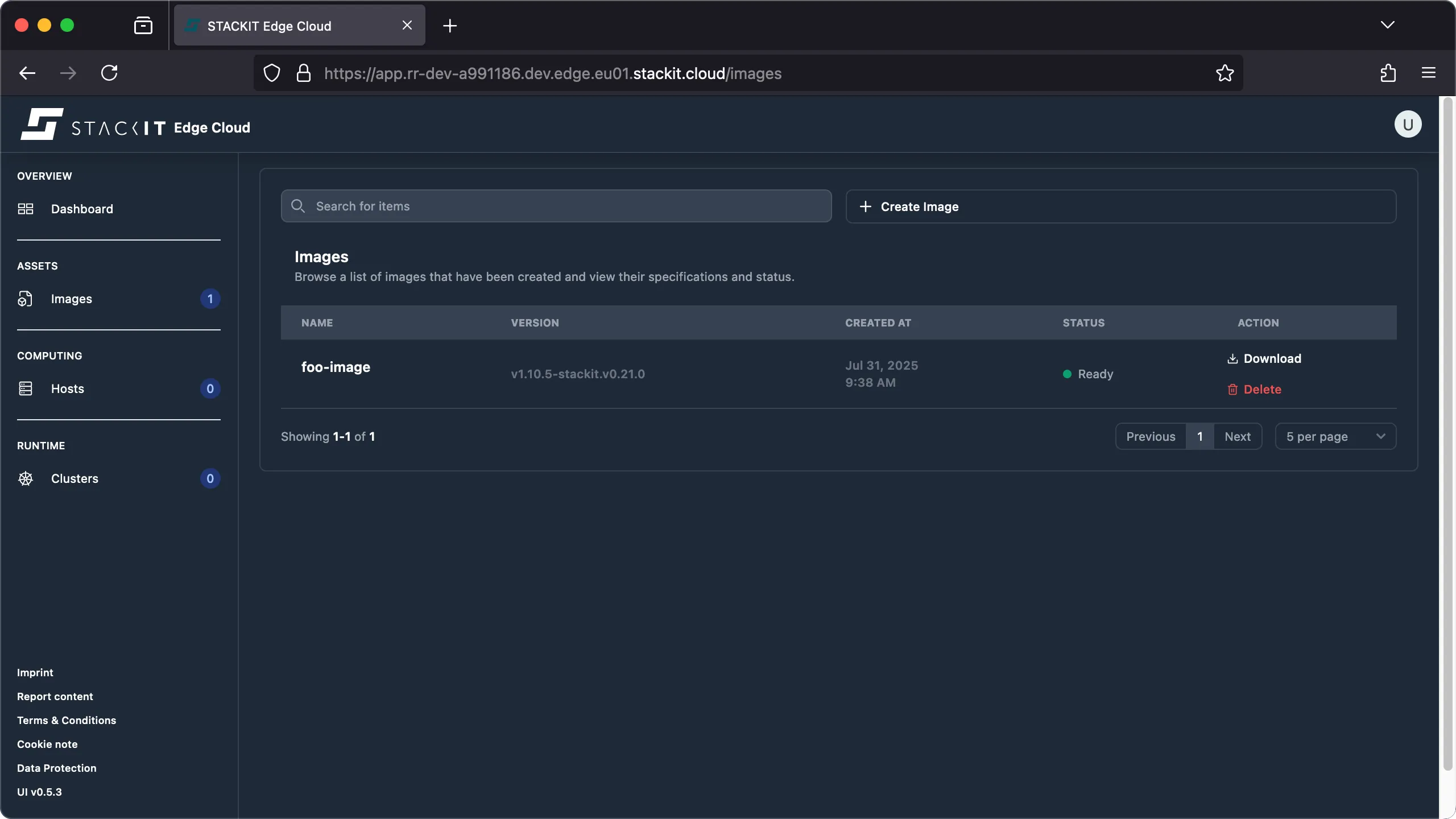 STACKIT Edge Cloud web interface, showing the Images list with one entry for foo-image. The image has a STATUS of Ready (indicated by a green circle and text) and was CREATED AT Jul 31, 2025 9 AM. Under the ACTION column, Download and Delete links are visible.