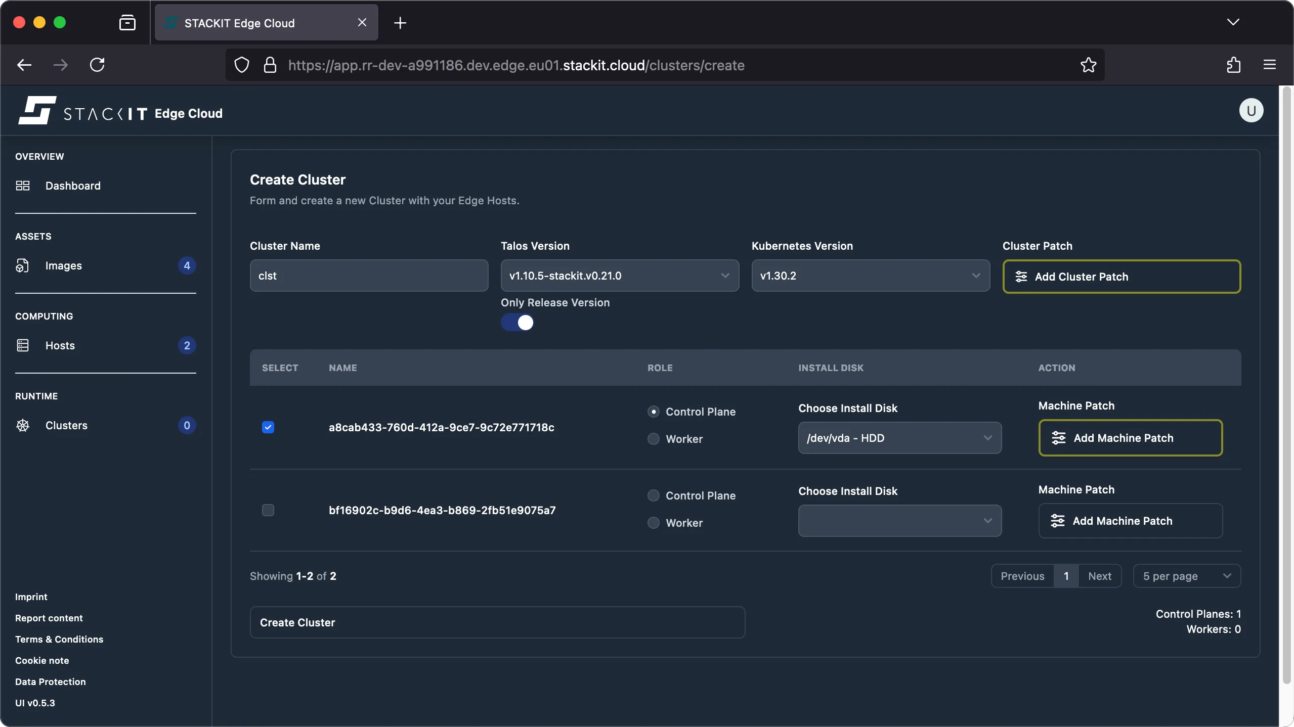 A screenshot of the STACKIT Edge Cloud "Create Cluster" page.