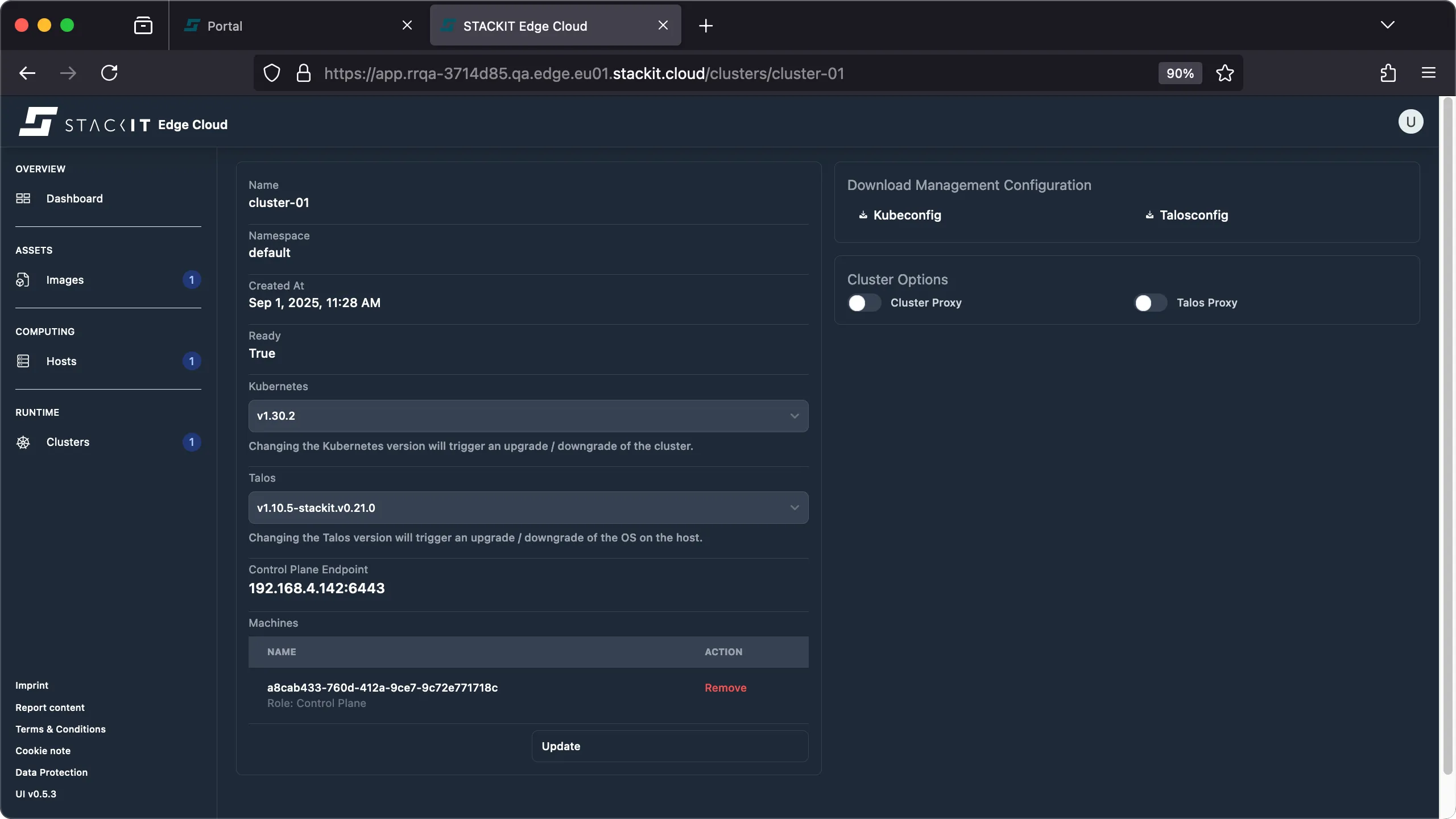 Screenshot of the cluster detail view for cluster-01 in the STACKIT Edge Cloud console. This page shows key information: Name is cluster-01, namespace is default, Status is Ready. It displays the Kubernetes version as v1.30.2 and the Talos OS version as v1.10.5-stackit.v0.21.0. The Control Plane Endpoint IP is listed as 192.168.4.142. At the bottom, under Machines, one machine is listed by a long ID (a8cab...71718c) with the Role Control Plane. This machine has a Remove button in the Action column. Below the machine list is an Update button.