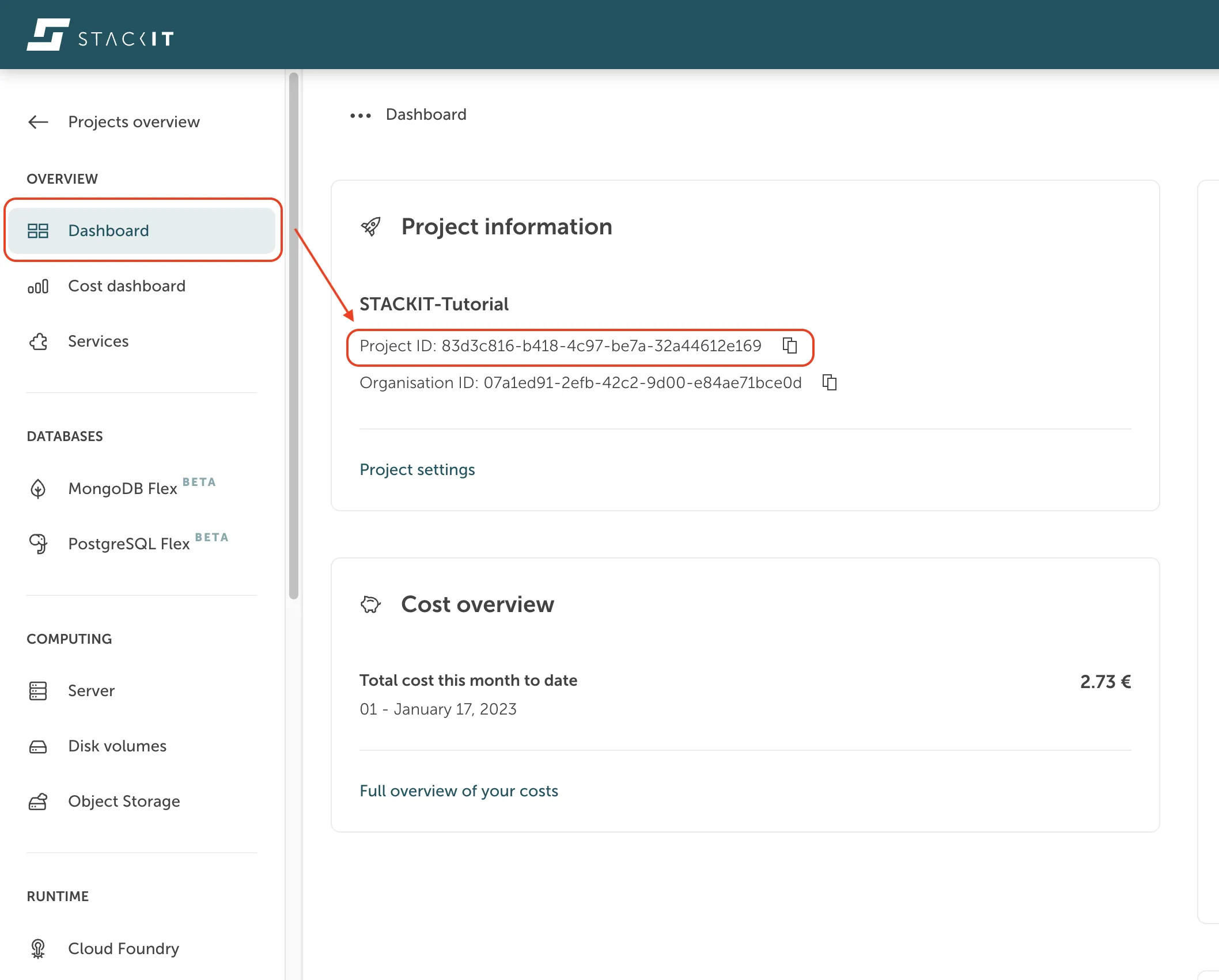 Screenshot of the STACKIT Portal dashboard view. On the left sidebar menu under OVERVIEW, the "Dashboard" option is enclosed in a red box, with a red arrow pointing toward the main content area. In the center, under the "Project information" section for a project named "STACKIT-Tutorial", the "Project ID" value is highlighted inside another red box with a copy icon next to it.
