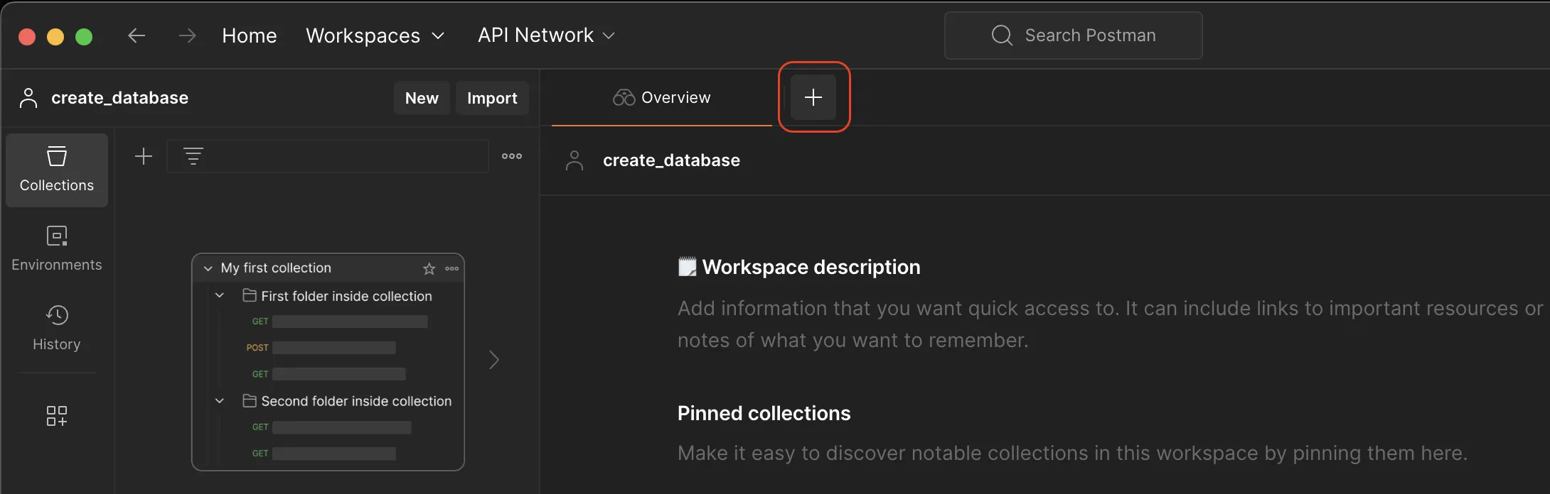 Screenshot of the Postman interface inside a newly created workspace named "create_database". In the top tab bar, right next to the "Overview" tab, the "+" (plus) icon button is highlighted with a red box to show how to create a new API request.