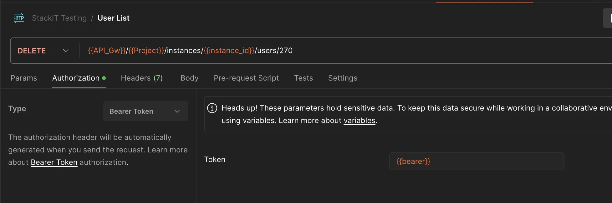 Screenshot of a DELETE request configuration in Postman under the folder path "StackIT Testing / User List". The HTTP method is set to "DELETE" and the URL endpoint path ends with "/users/270". Below the URL, the "Authorization" tab is open and configured with a Type of "Bearer Token", showing a token field containing the variable placeholder "{bearer}".
