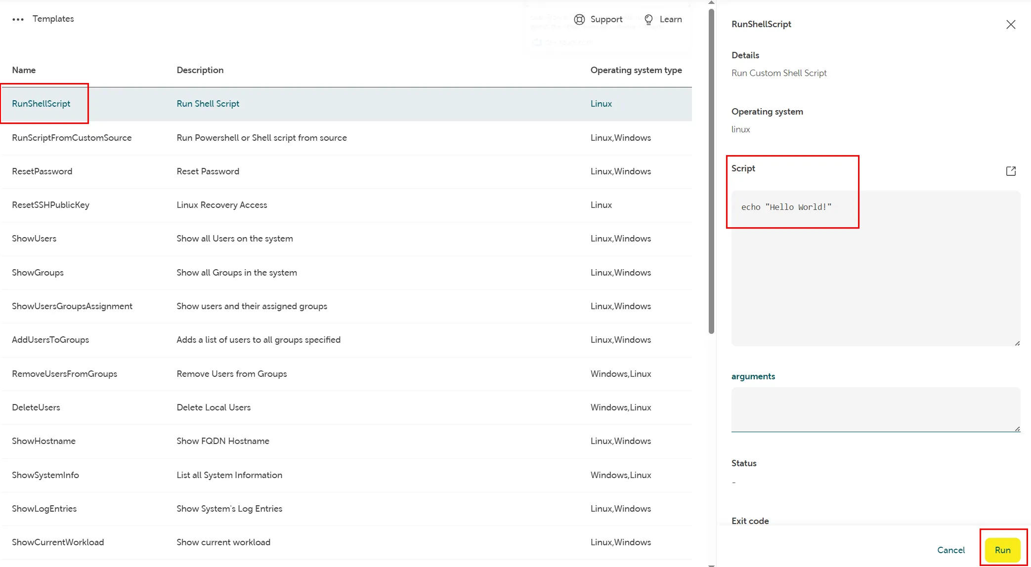 Screenshot of the STACKIT Cloud Portal showing the execution of a custom script on a Linux VM. On the left side, the "RunShellScript" template is selected from the list and highlighted with a red box. On the right side, the details pane displays "echo 'Hello World!'" inside the "Script" field, and the yellow "Run" button at the bottom right is also highlighted with a red box.
