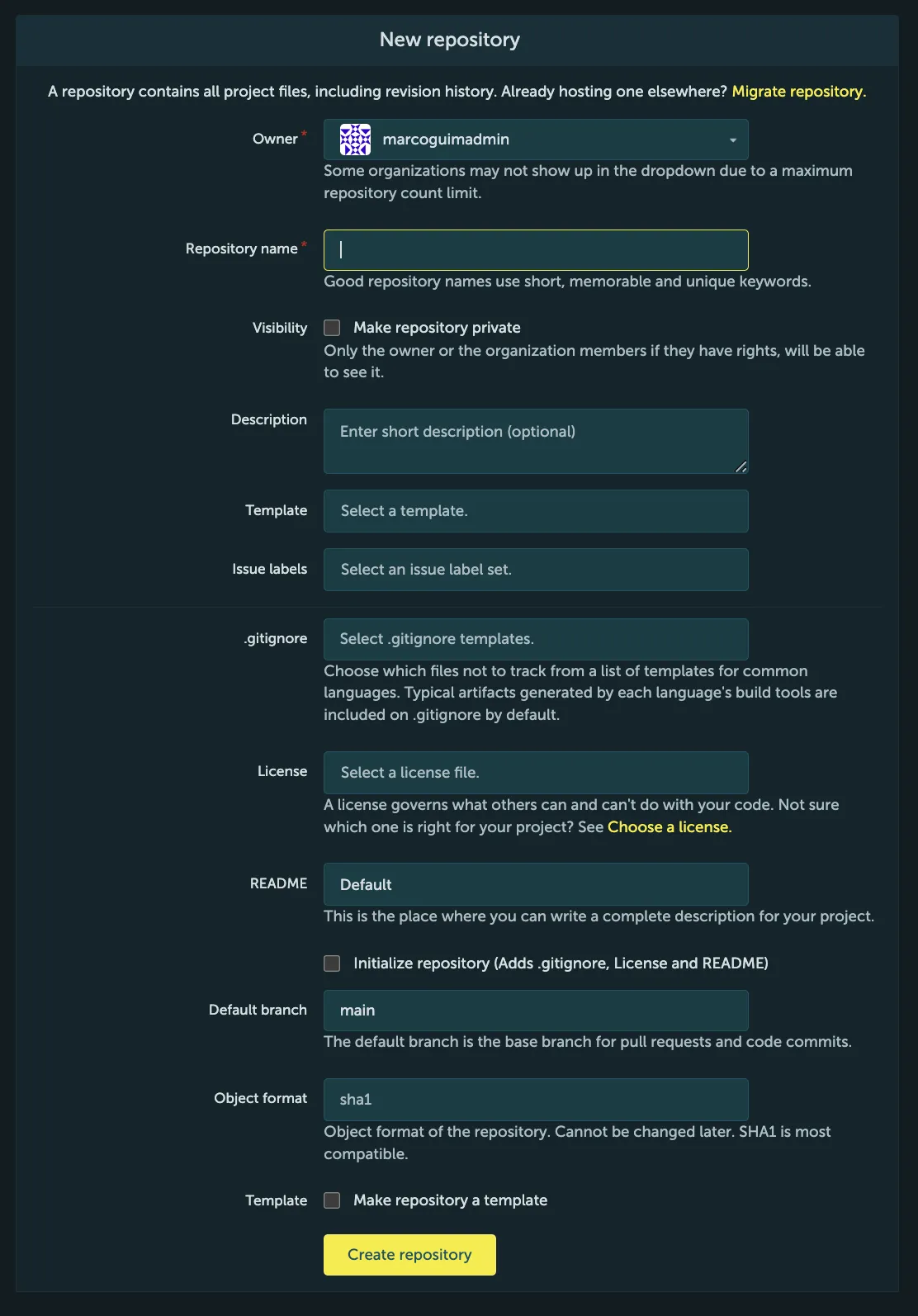 Screenshot of the "New repository" configuration form in STACKIT Git. The interface displays various input fields including Owner, Repository name, Visibility, Description, Template, Issue labels, .gitignore, License, README, Default branch, and Object format, with a highlighted "Create repository" button at the bottom.