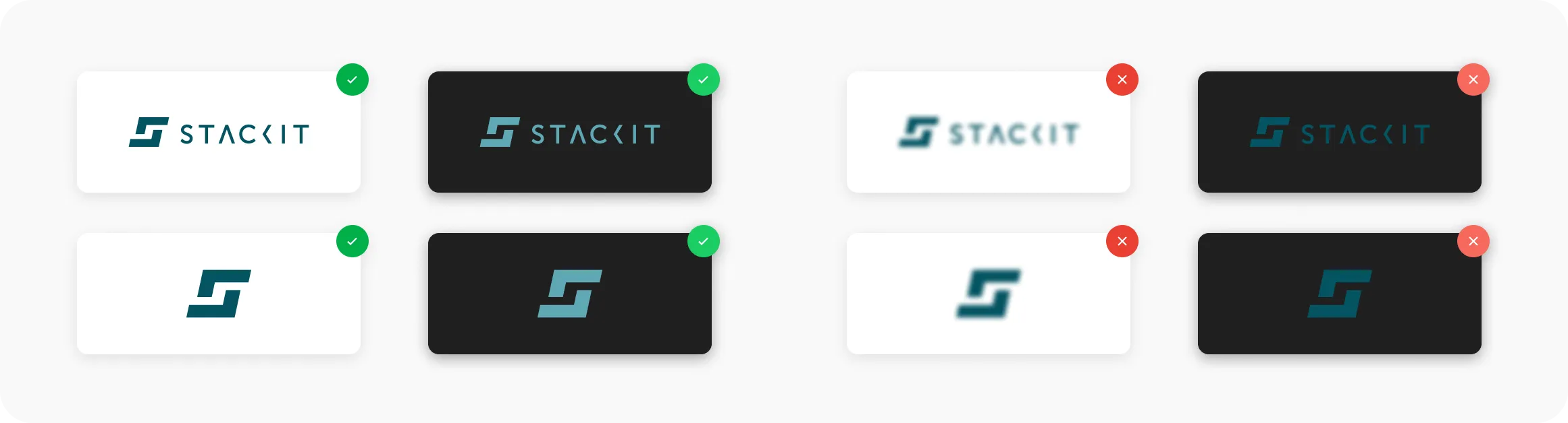 Image showing good and bad examples of logos. On the left the good examples, where logos are clearly visible in all variants and designs. On the right are the bad examples, where logos are in low resolution or without high contrast are not clearly visible.