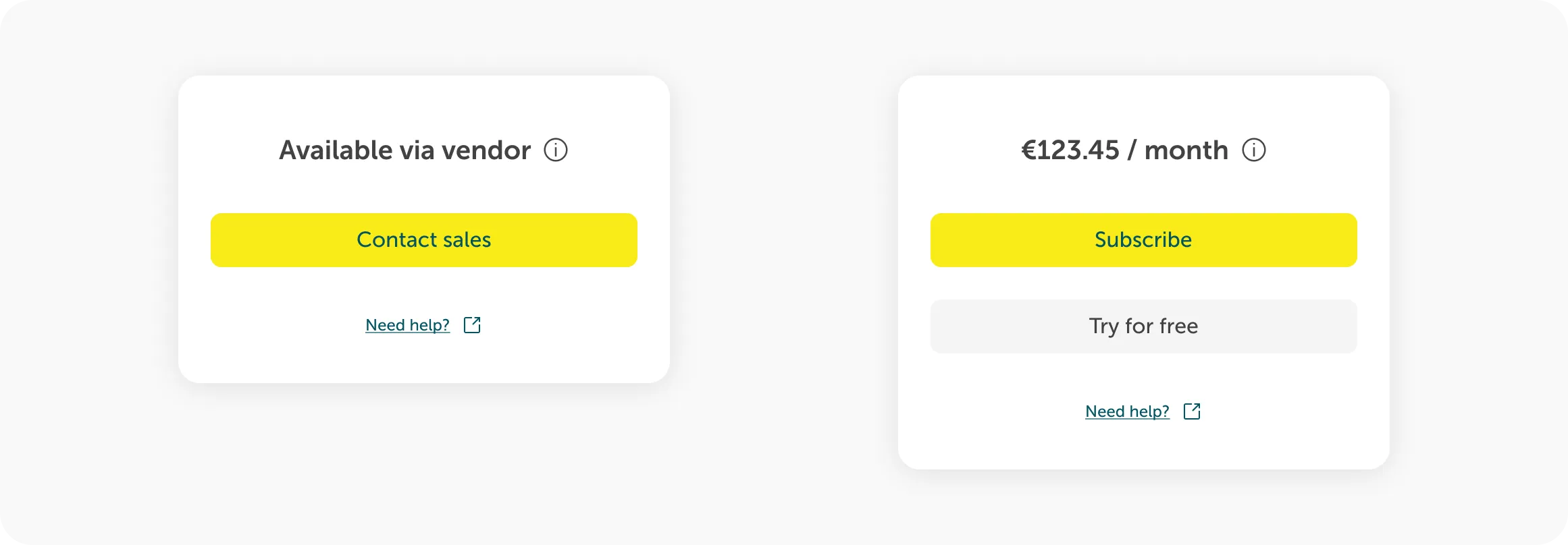 Image showing two options. On the left is a tile with the listed product that is available through the sales department. On the right is the tile with the fully integrated product that can be purchased directly through the Marketplace