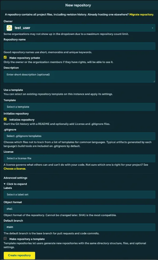 Screenshot of the “New repository” configuration form in STACKIT Git. The interface displays various input fields including Owner, Repository name, Visibility, Description, Template, Issue labels, .gitignore, License, README, Default branch, and Object format, with a highlighted “Create repository” button at the bottom.