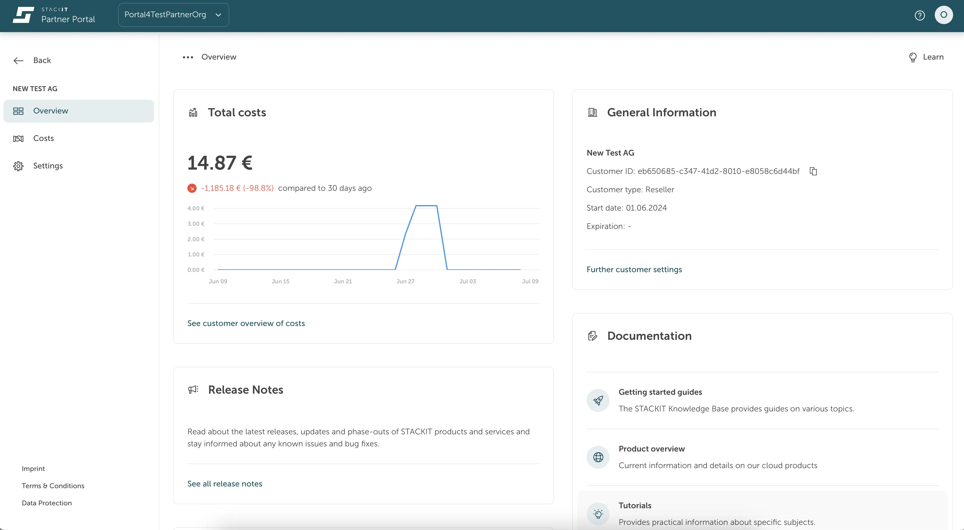 The image shows the overview page in the STACKIT Partner Portal. This overview page includes among others areas for total costs and general information.
